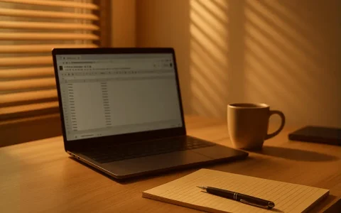 Early morning office desk with laptop showing spreadsheet, coffee mug, and notepad with pen, lit by sunlight through blinds