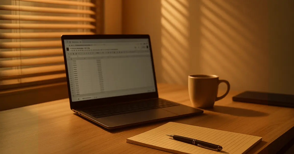 Early morning office desk with laptop showing spreadsheet, coffee mug, and notepad with pen, lit by sunlight through blinds